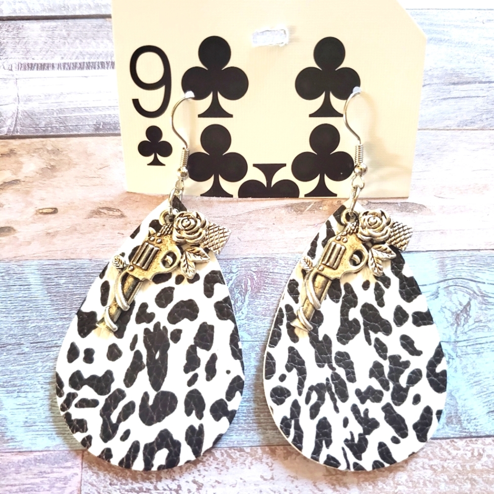 BLACK & WHITE COW PRINT Pistol EARRINGS - FUN & UNIQUE